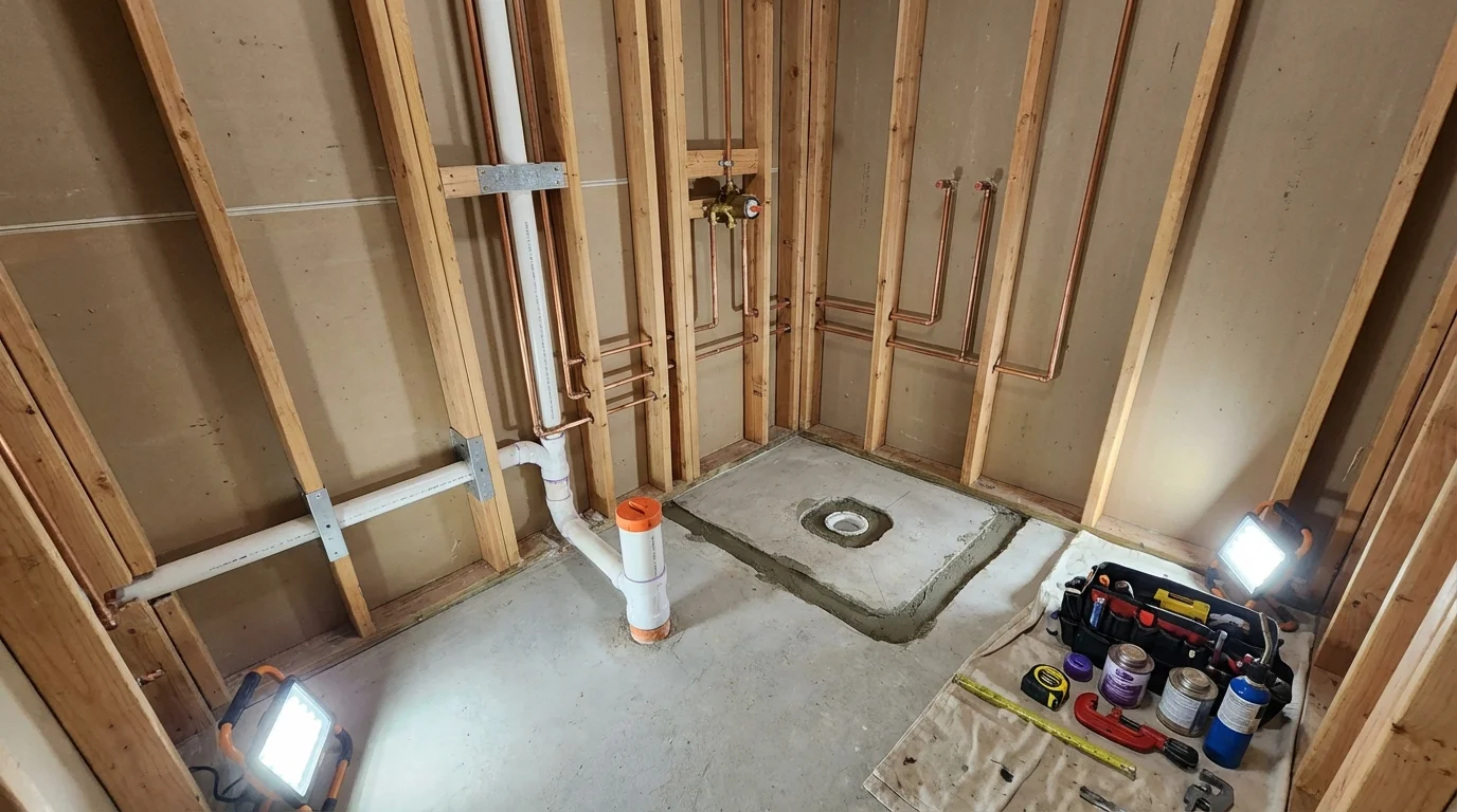 Bathroom rough-in plumbing during remodel by Johns Plumbing LLC in East Sandwich
