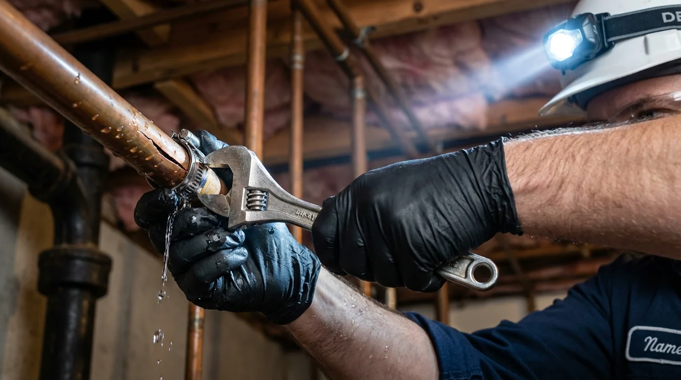 Emergency pipe clamp repair being performed by a Johns Plumbing LLC plumber in East Sandwich