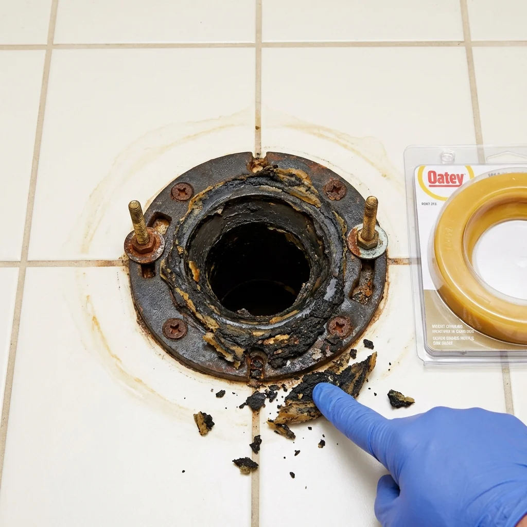 Failed wax ring showing water seepage at the base of a toilet in a East Sandwich, MA home
