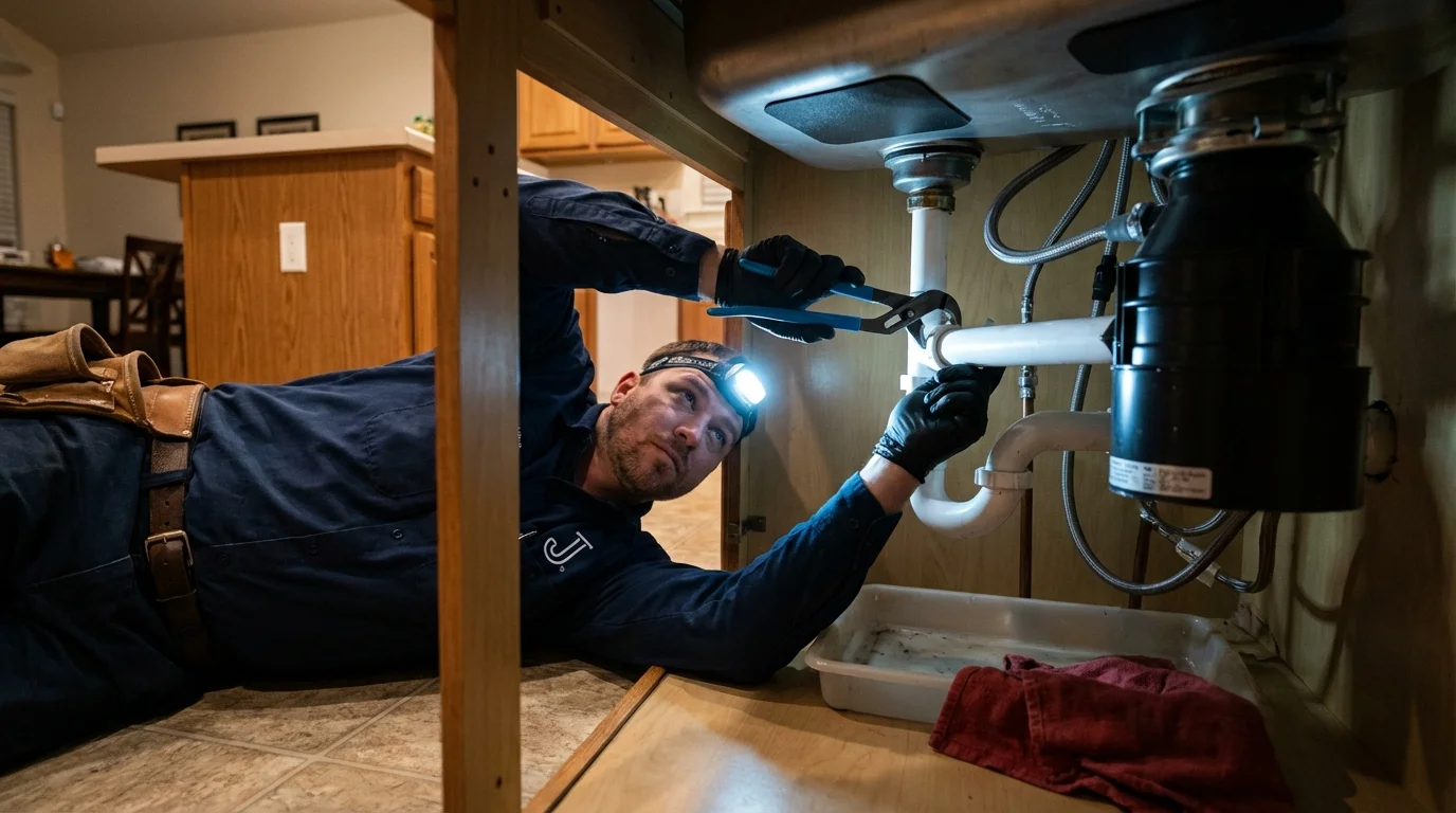 P-trap and supply line connections under a kitchen sink showing a common leak point in East Sandwich, MA